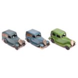 3x Tri-ang Minic post-war clockwork vehicles; a Ford Saloon (1M) in green with plastic wheels. 2x