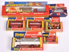 7x Dinky Toys. Silver Jubilee Taxi (241). 2x Routemaster Bus (289). Convoy Series 3-truck set (399).