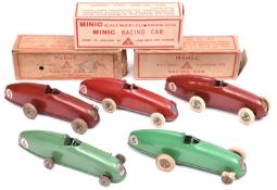 5x Tri-ang Minic clockwork Racing Cars (13M). All pre-war examples; 2x red - RN5, a red - RN6 and 2x