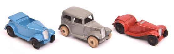 3 Dinky 35 Series Cars. Saloon Car (35a) in grey with white rubber wheels. A MG Sports Car (35C)