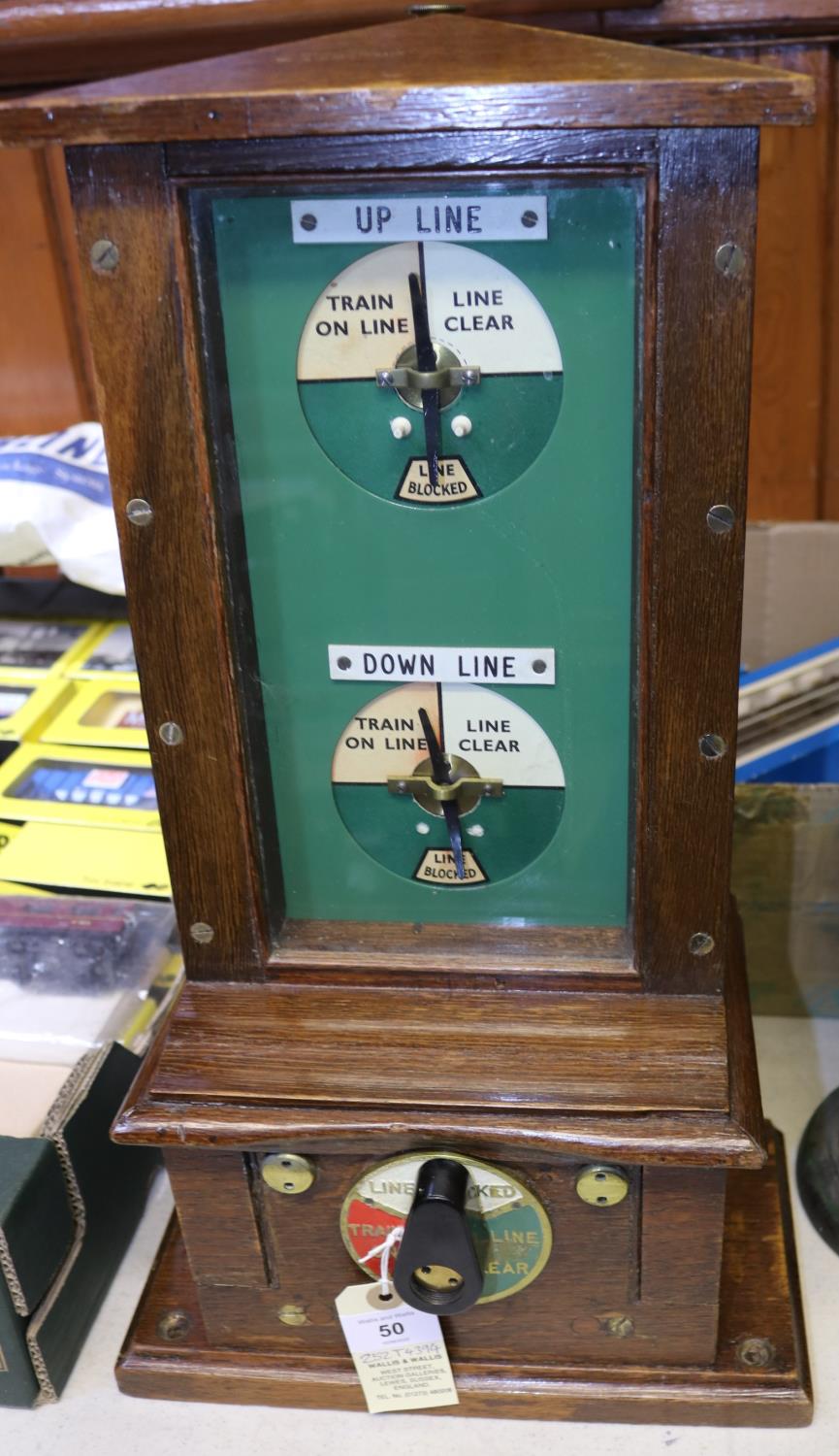 A railway Block Instrument in mahogany case with double indicator for Up Line and Down Line. GC-VGC,