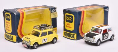 2 Corgi Whizzwheels Minis. Mini-Cooper (282). In white with black doors, bonnet and bootlid,