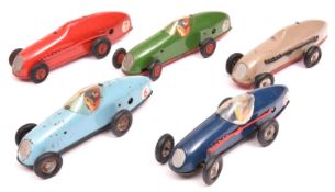 5x Tri-ang Minic clockwork Racing Cars (13M). All post-war examples; red - RN7, green - RN7, dark