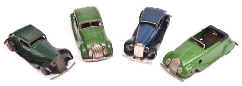 4x Tri-ang Minic post-war vehicles. 2x Vauxhall Cabriolet (19M), one example in dark blue and one in