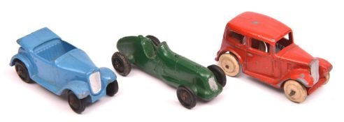 3 Dinky 35 Series Cars. Saloon Car (35a) in red with white rubber wheels. A Midget Racer (35b) in