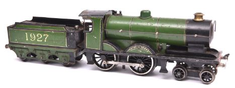 A Bassett Lowke clockwork O gauge 4-4-0 tender locomotive, Duke of York 1927. In lined green livery.