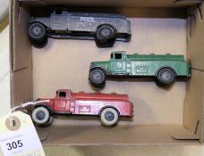 3x Dinky Toys 1930s/40s Petrol Tankers (25d). An example in grey with black wheels and 'Pool' to