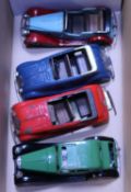 4x Tri-ang Minic clockwork cars. A Bentley type Sunshine Saloon (57ME), an electric version in green