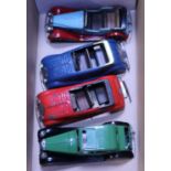 4x Tri-ang Minic clockwork cars. A Bentley type Sunshine Saloon (57ME), an electric version in green