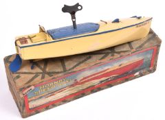 Hornby Speed Boat No.2 'Racer II'. Clockwork boat in cream with blue lining and decking panel. Boxed