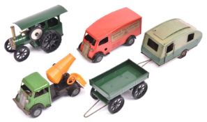 4x Tri-ang Minic post-war vehicles. A Traction Engine and Trailer (54M) in dark green with black