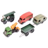 4x Tri-ang Minic post-war vehicles. A Traction Engine and Trailer (54M) in dark green with black