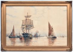 A mid 19thC watercolour of a dock scene by F.J. Aldridge. Showing a variety of marine vessels at