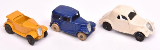 3 Dinky 35 Series Cars. Saloon Car (35a) bright blue with white rubber wheels. Austin Seven Car Open