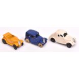 3 Dinky 35 Series Cars. Saloon Car (35a) bright blue with white rubber wheels. Austin Seven Car Open