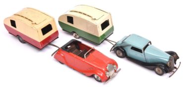 4x Tri-ang Minic post-war clockwork vehicles. Vauxhall Cabriolet (19M) in light blue grey with black