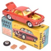 Corgi Toys Volkswagen 1500 Karmann Ghia (239). An example in orangy red with yellow interior, dished