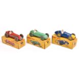 3 Dinky single seat racing cars. Ferrari Racing Car (234). In dark blue with yellow nose and wheels,