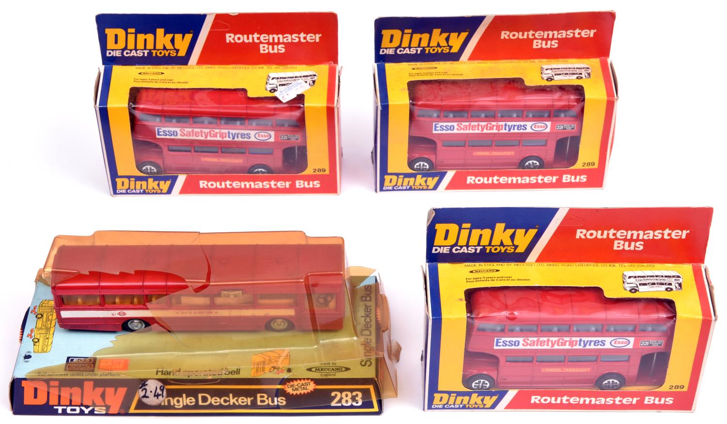 4x Dinky Toys buses. Single Decker Bus (283). 3x Routemaster Bus (289), Esso Safety Grip Tyres.
