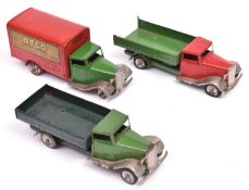 3x Tri-ang Minic post-war clockwork commerical vehicles. A Delivery Lorry (10M), with green cab