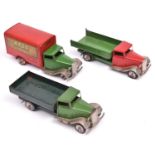 3x Tri-ang Minic post-war clockwork commerical vehicles. A Delivery Lorry (10M), with green cab