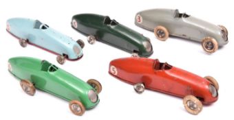 5x Tri-ang Minic clockwork Racing Cars (13M). All pre-war examples; a red - RN5, light green -