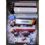 7 various trucks/articulated trucks by Tekno, Lion Car Corgi, Schuco and South American makes.