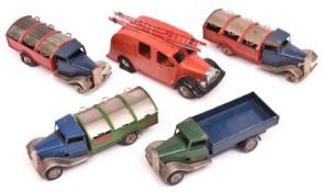 5x Tri-ang Minic clockwork vehicles. A Delivery Lorry (10M) with dark green cab, chrome mudguards,