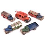 5x Tri-ang Minic clockwork vehicles. A Delivery Lorry (10M) with dark green cab, chrome mudguards,