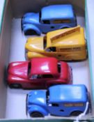 4x Tri-ang Minic vehicles with plastic bodies. 3x clockwork examples; Austin A40 Evening News Van (