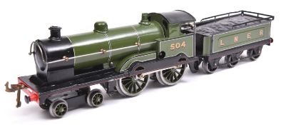 A Bing for Bassett Lowke clockwork O gauge LNER 4-4-0 tender locomotive. 504, in lined green livery.