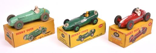 3 Dinky single seat racing cars. Maserati Racing Car (231) in red with white flash, RN9. Vanwall