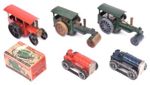 5x Tri-ang Minic clockwork commerical vehicles. 2x Steam Rollers (33M), one with wooden wheels and