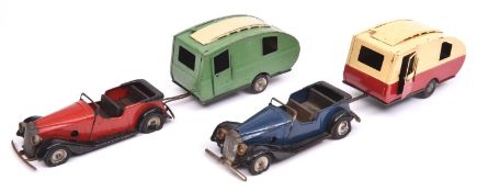 4x Tri-ang Minic post-war clockwork vehicles. 2x Vauxhall Cabriolet (19M), one in dark blue, the