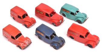 6x Tri-ang Minic clockwork vehicles with plastic bodies; Austin A40 Van (99M) in red with diecast