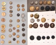 6 RA and corps large buttons: RA pre 1855 WM, post 1855 gilt, Irish Vols I/harp/V, MTC fleur-de-lys,