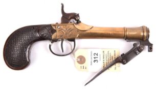 A Continental bronze cannon barrelled and framed percussion boxlock pistol with spring bayonet,8½”