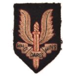 An embroidered Special Air Service large size beret badge, on black cloth shield backing,. GC (