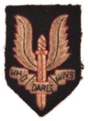 An embroidered Special Air Service large size beret badge, on black cloth shield backing,. GC (