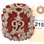 A good OR's 1874 patt. WM glengarry badge of The 92nd (Gordon Highlanders) Regt (565), heavy brass