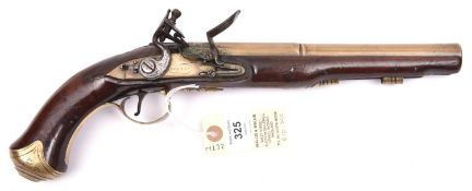 A 20 bore brass barrelled flintlock holster pistol by Bunney, c 1785, 14¾” overall, 2 stage barrel