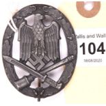 A Third Reich General Assault badge, with dull grey finish, the solid flat back marked “Frank &