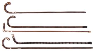 5 walking sticks: 2 bent bamboo, one with silver band, both with silver finials (HM London 1912