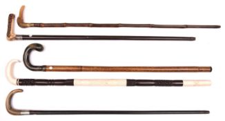 5 walking stick: bamboo with horn handle in the form of a gull's head with glass eyes; heavy ebony