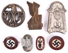 2 Third Reich pin-back enamel badges. “Deutschland Erwacht 1933” and “Arbeits Dank”; a painted NSDAP