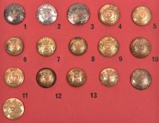 16 Scottish Local Militia buttons c 1810-30: open backed gilt 1st, 2nd and 4th Aberdeenshire, 3rd