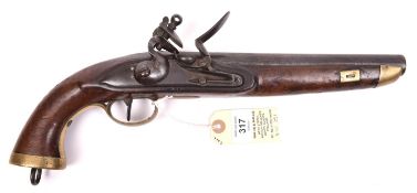 A Belgian 14 bore military flintlock holster pistol, 15½” overall, barrel 9”; rounded lock with swan
