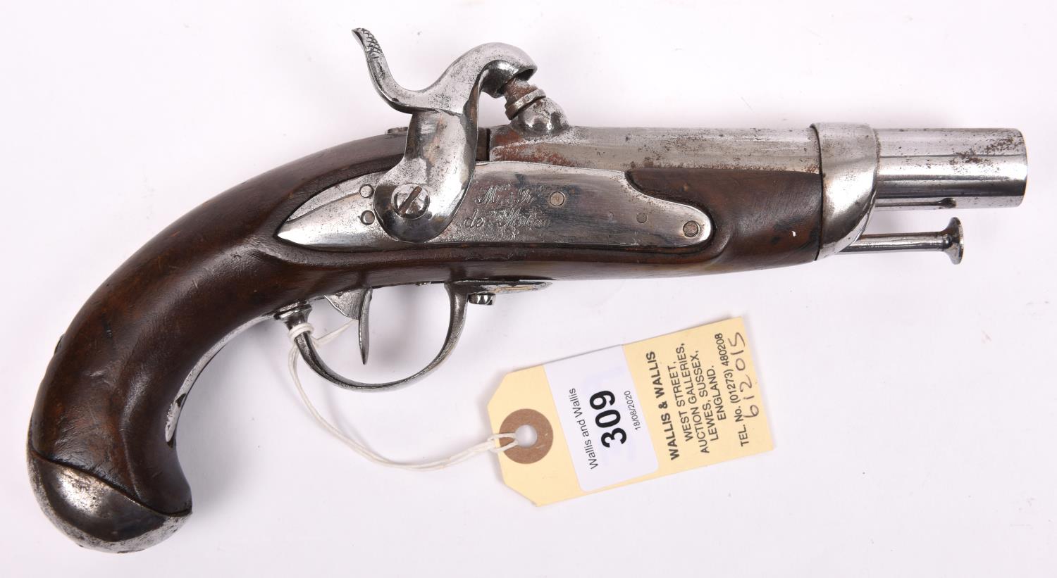 A French 20 bore Model 1822 Gendarmerie pistol converted to Model 1842 percussion, 9¾” overall,