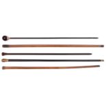 5 walking canes: malacca with embossed silver (B'ham 1892) top; ebony with pale horn top and