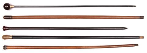 5 walking canes: malacca with embossed silver (B'ham 1892) top; ebony with pale horn top and